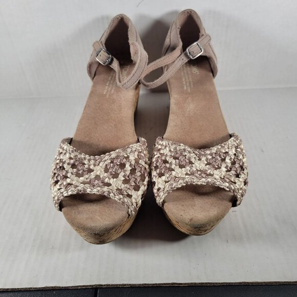 Toms Woman Stucco Satin Woven Peep Toe Platform Cork 2.5" Wedge Shoes Size 9.5 - Picture 2 of 7